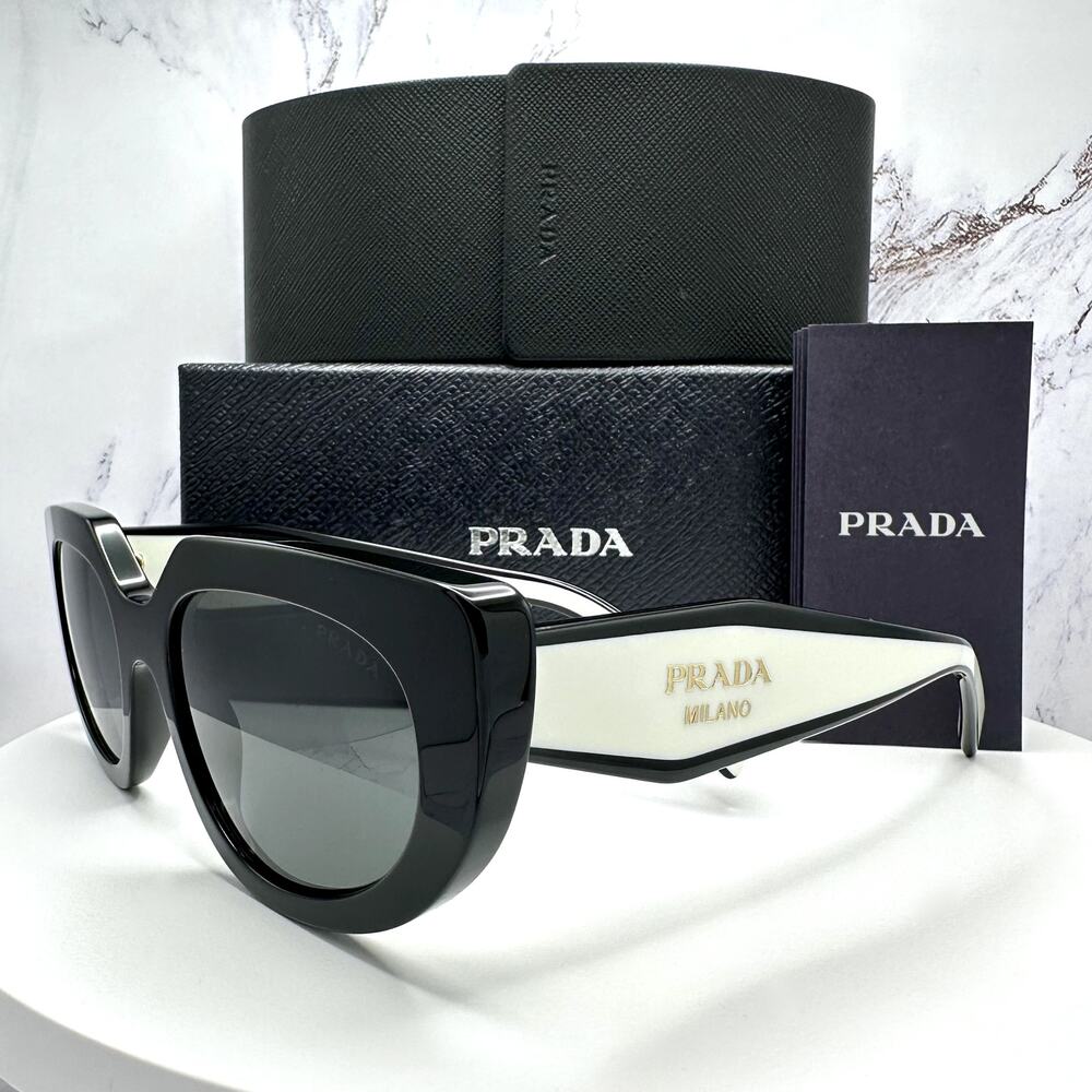 New PRADA Sunglasses Black White Talc Gold Symbole Oval Cat Eye Womens - Picture 12 of 16